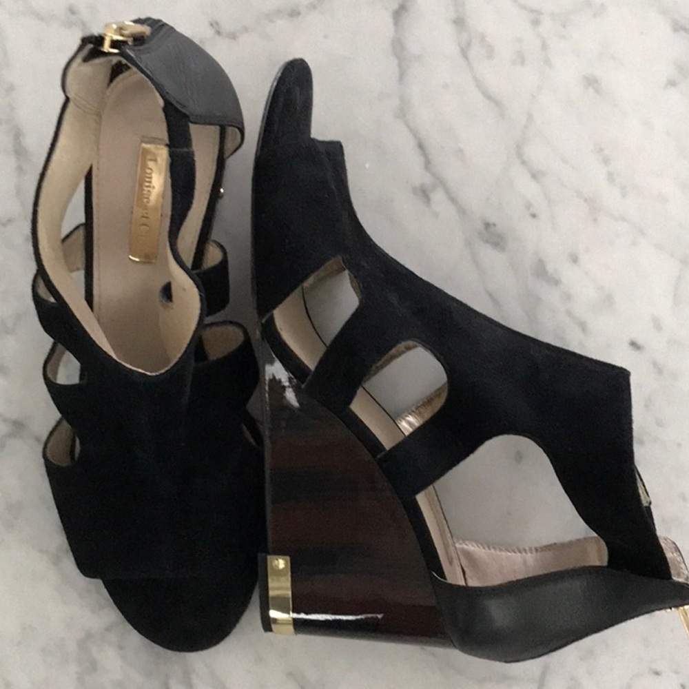 Louise et Cie Black Suede Cutout Wedge Sandals with Gold Accents